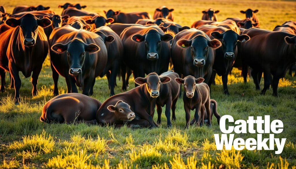 Detailed photograph of a herd of healthy, well-fed beef cattle in a lush, grassy pasture during a warm, golden hour. The cattle are in various poses - some grazing, others resting, a few calves playfully frolicking. Warm, diffused natural lighting casts long shadows and highlights the cattle's rich, glossy coats. The scene is framed from a low angle, with the "Cattle Weekly" logo discreetly visible in the bottom right corner, conveying an authoritative, editorial quality. The overall mood is one of tranquility, contentment and vibrant, thriving livestock.