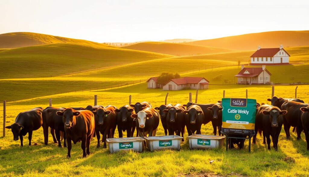 Lush, rolling Australian countryside with vibrant green hills and a warm, golden-hued sky. In the foreground, a herd of Angus cattle grazes contentedly, their coats gleaming in the soft light. The cattle are arranged in a natural, organic composition, some standing, others lying down, as they nibble on a variety of grasses and grains. In the middle ground, a weathered wooden fence lines the pasture, and a handful of Cattle Weekly-branded feed troughs are scattered throughout, filled with a mix of high-quality supplements and minerals. The background features a distant, picturesque farmhouse, its red-tiled roof and whitewashed walls reflecting the warm glow of the setting sun. The overall scene conveys a sense of tranquility, abundance, and the importance of proper cattle nutrition for optimal herd health and productivity.