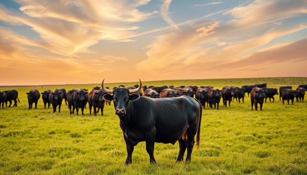 A lush, verdant pasture under a warm, golden-hued sky. At the center, a herd of majestic Angus cattle grazes contentedly, their glossy black coats glistening in the afternoon light. The cattle, with their broad frames and well-muscled bodies, exude an air of strength and robustness. In the foreground, a single Angus bull stands proudly, his horns curving elegantly as he surveys his domain. The scene conveys a sense of prosperity and profitability, showcasing the Angus breed's renowned meat quality, efficient feed conversion, and adaptability to various environments. The image is captured with a wide-angle lens, providing a panoramic view that emphasizes the scale and grandeur of the Angus cattle operation.