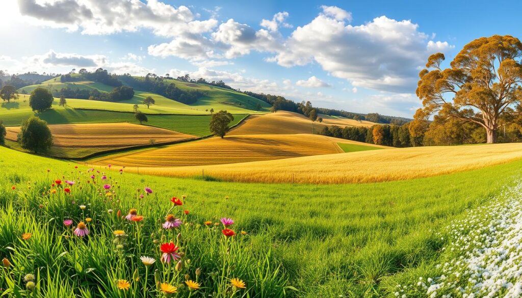 A lush, rolling countryside at Catte Farm, Queensland, captured in different seasons. In spring, blooming wildflowers dot the foreground, their vibrant hues contrasting with the verdant, sun-dappled meadows. Summer brings a golden haze, as the fields of wheat sway gently in the breeze, while in autumn, the trees burst into a fiery display of oranges and reds. Finally, in winter, a dusting of snow blankets the landscape, lending a serene, ethereal quality to the rural idyll. The scene is captured with a wide-angle lens, providing a panoramic view that immerses the viewer in the natural beauty and charm of Catte Farm.