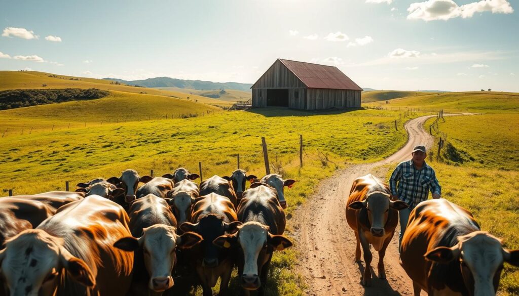 A sun-dappled cattle farm in Queensland, Australia. In the foreground, a farmer herds a group of curious cattle, their mottled hides gleaming in the warm light. Mid-frame, a weathered wooden barn stands amidst rolling hills, its red tin roof catching the glint of the afternoon sun. In the distance, a winding dirt path leads visitors through verdant pastures, inviting them to explore the tranquil countryside. The scene exudes a sense of rustic charm and authentic agricultural experience, perfectly capturing the "Hands-On Farm Experiences" that visitors can expect at this quintessential Australian cattle farm.